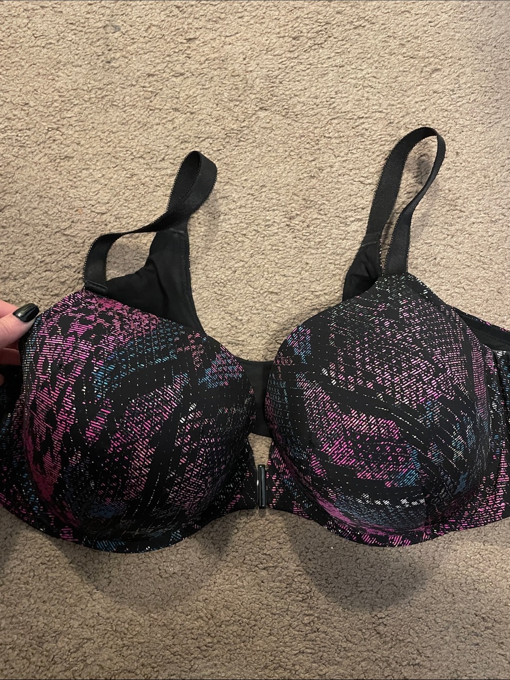 torrid 44D Black Bra with Pink and Blue Abstract with front closure